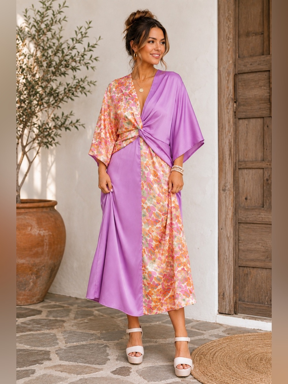 ODDI Women’s Size Small Floral Colorblock Twist Front Maxi Dress Vacation Resort